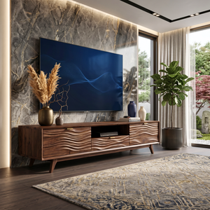 Solid Wood TV Stand with Wave Carved Doors and Mid-Century Legs