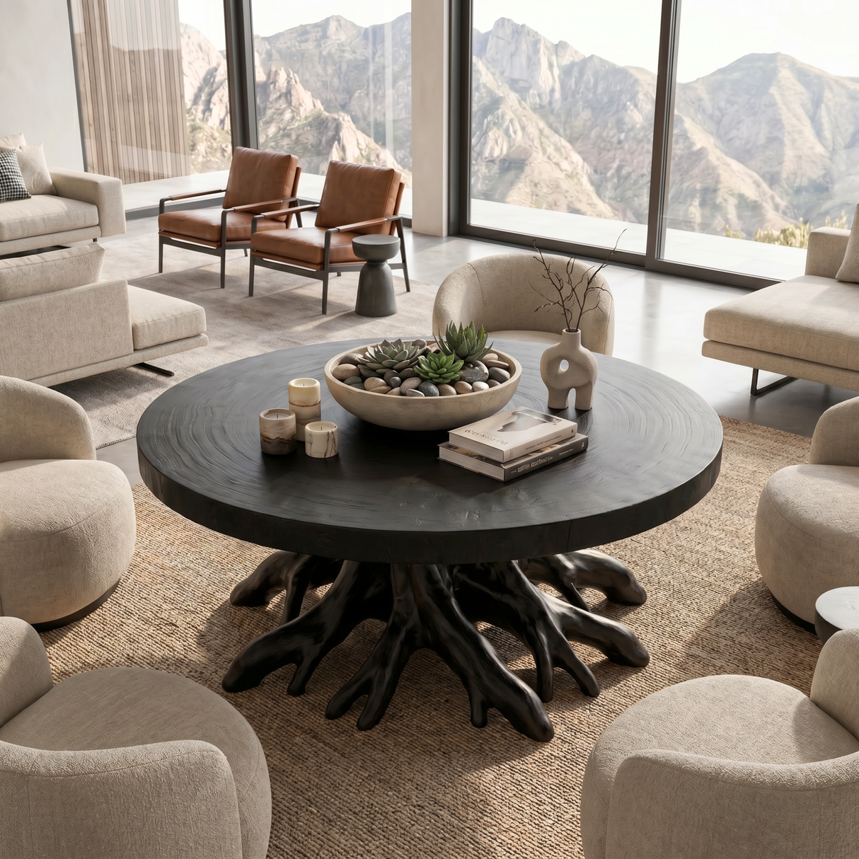 Round Solid Wood Coffee Table with Sculptural Root Base