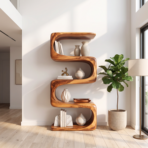 Bookshelf Solid Wood with Sculptural S Curve Shelves