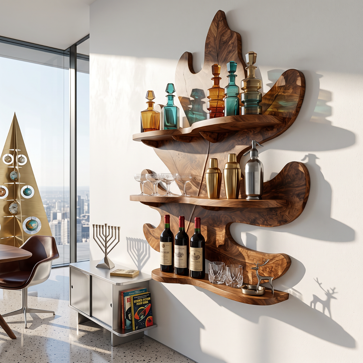 Tropical Leaf Solid Wood Wine Rack with Sculptural Wall Shelves
