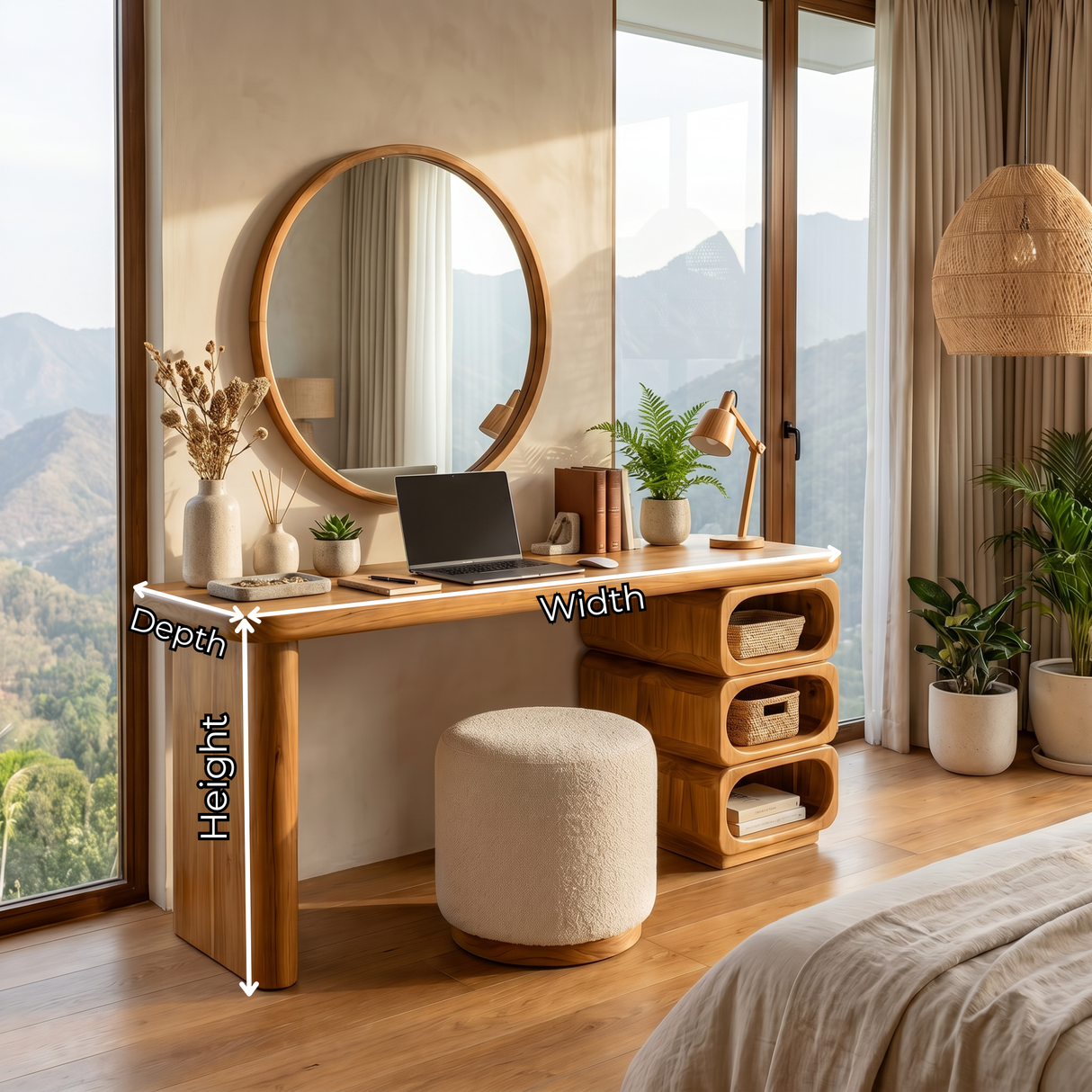 Solid Wood Vanity Table with Rounded Open Shelf Storage and Panel Leg