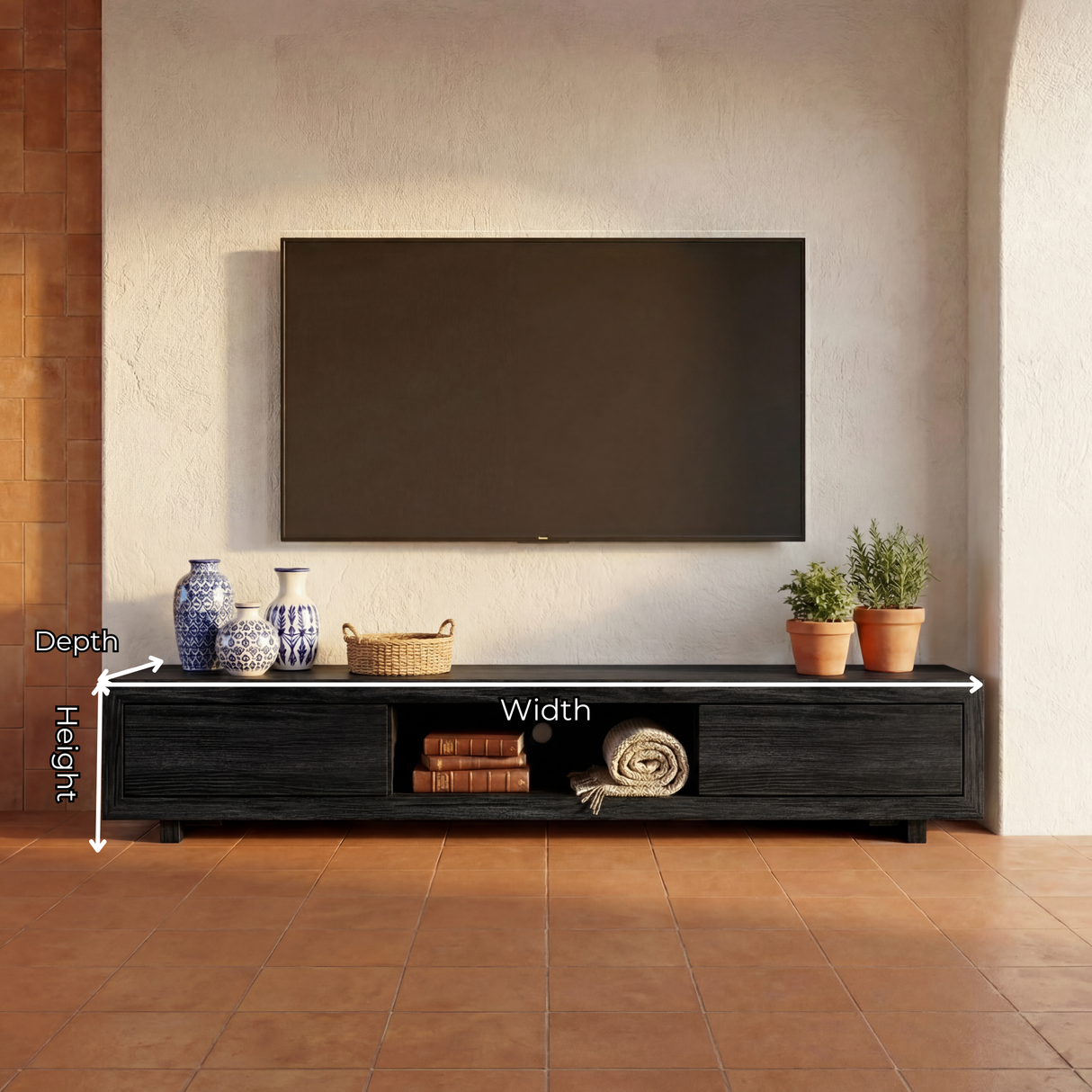 Solid Wood Low Profile TV Cabinet with Open Center Shelf