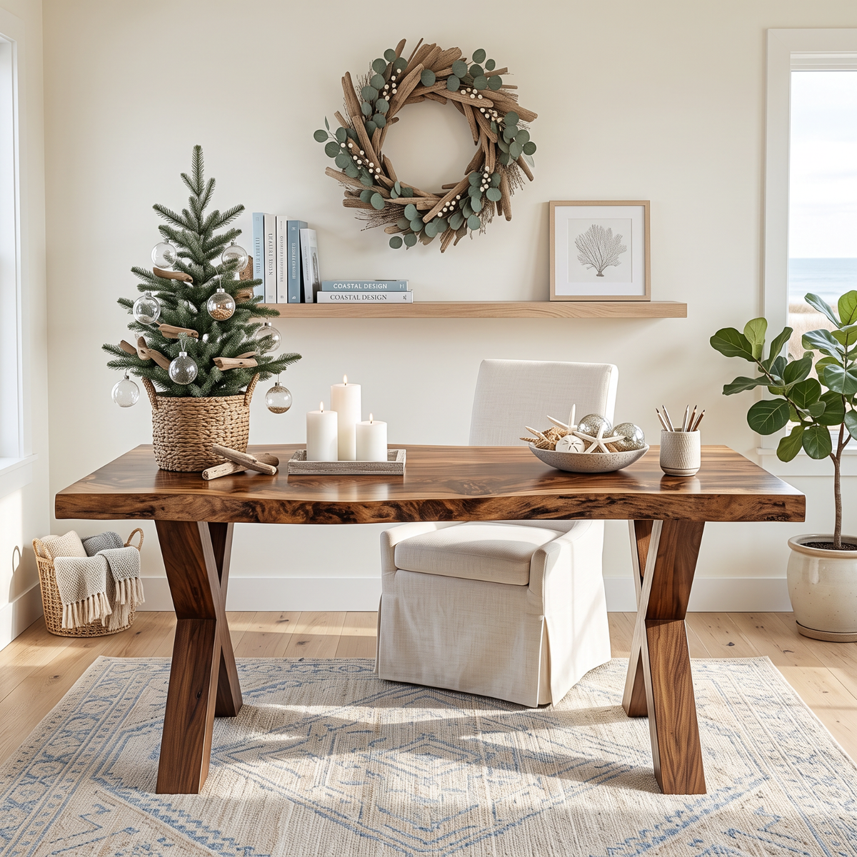 Live Edge Solid Wood Desk with Sculptural X Legs for Home Office