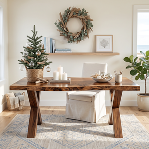 Live Edge Solid Wood Desk with Sculptural X Legs for Home Office
