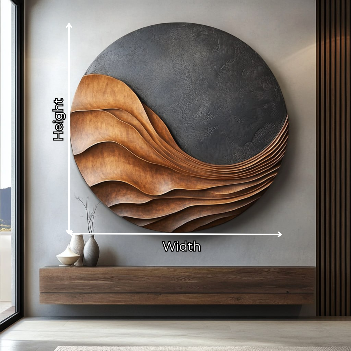 Handcrafted Round Wood Wall Sculpture with Flowing Layered Relief and Charcoal Textured Contrast