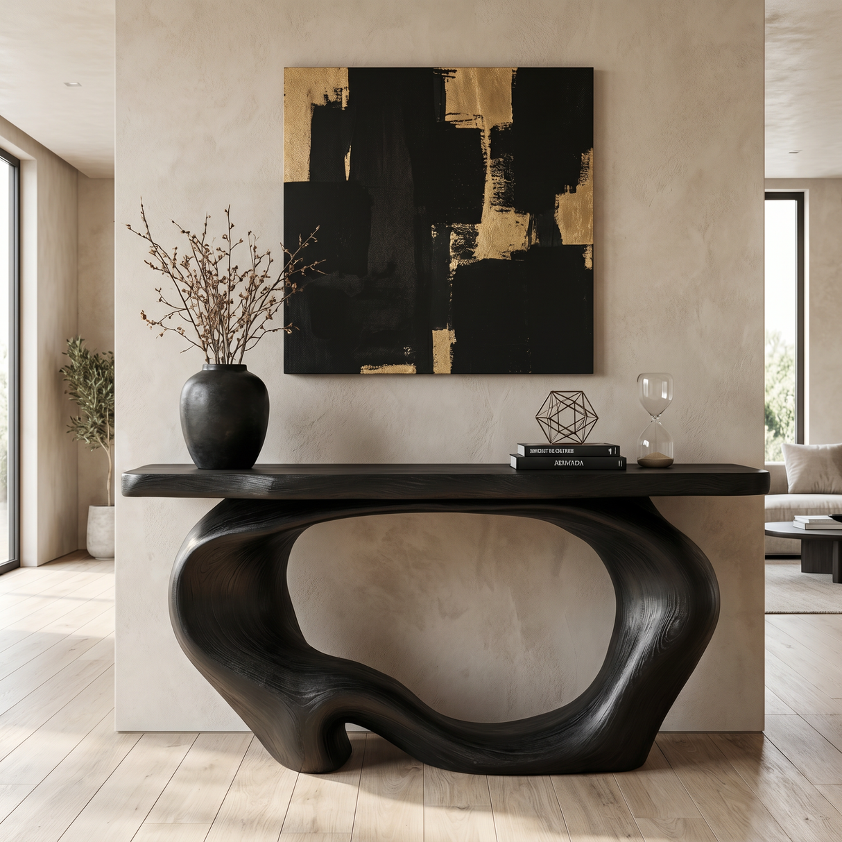 Console Table Solid Wood with Organic Hollow Loop Base for Entryway Decor