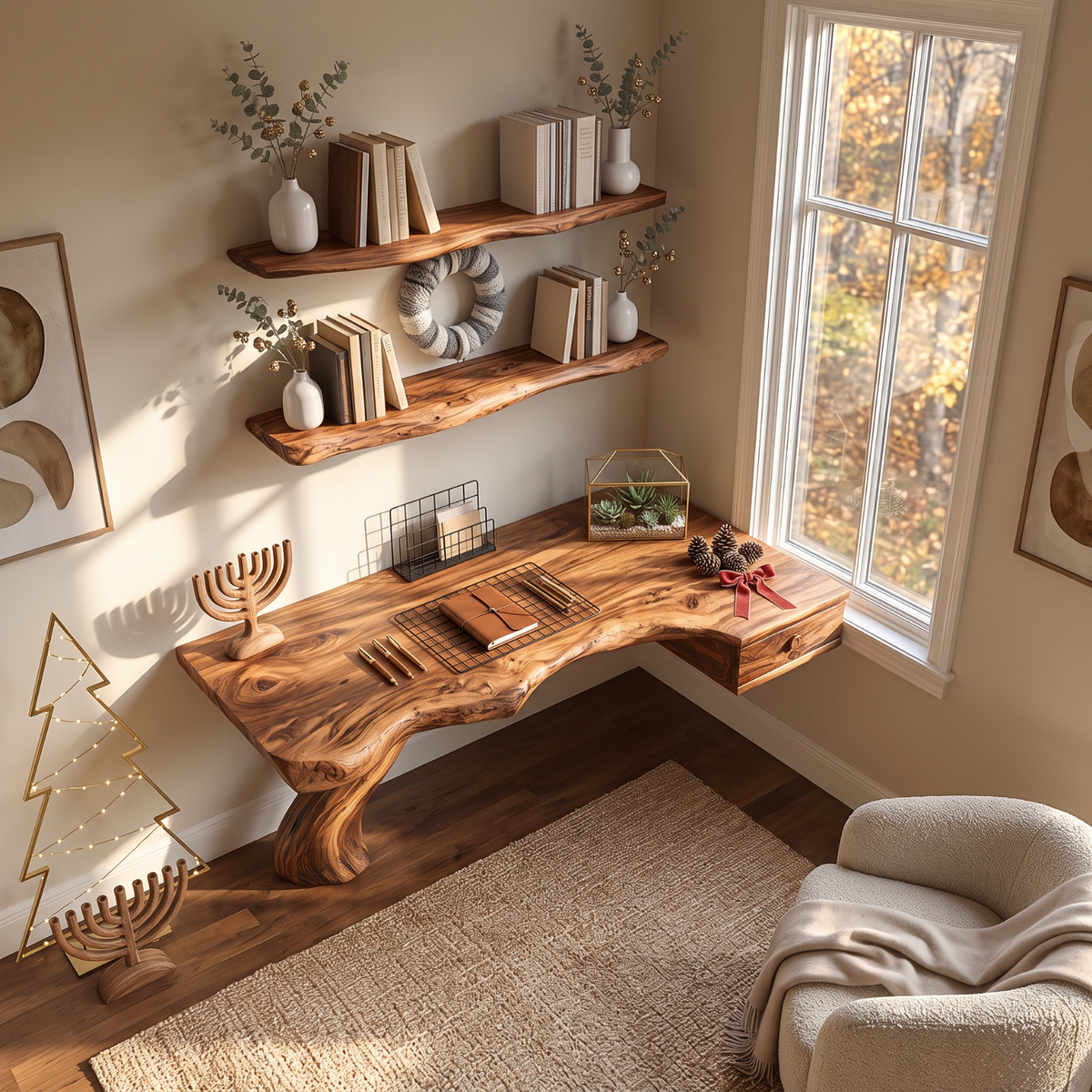 Live Edge Solid Wood Desk with Sculptural Curved Leg and Floating Drawer
