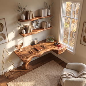 Live Edge Solid Wood Desk with Sculptural Curved Leg and Floating Drawer