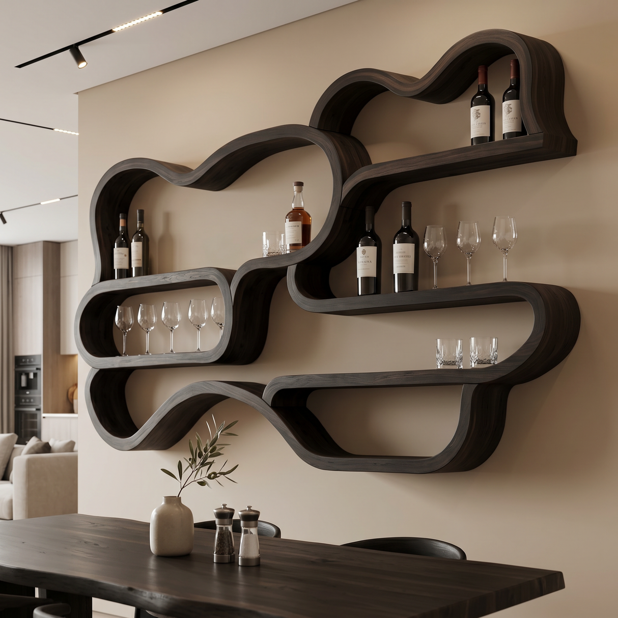 Organic Solid Wood Wall-Mounted Wine Rack with Flowing Shelves