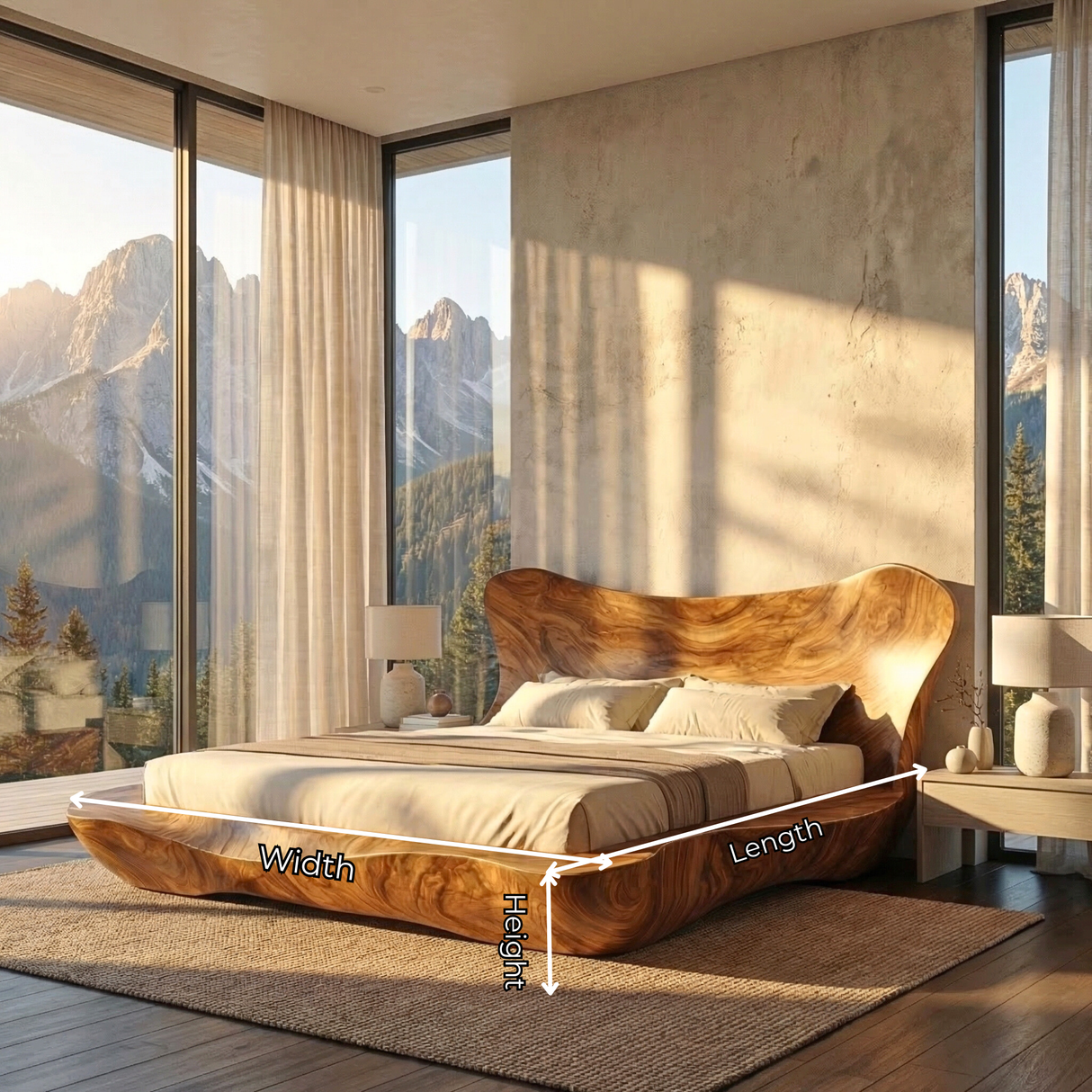 Sculptural Solid Wood Bed Frame with Curved Headboard for Modern Bedroom