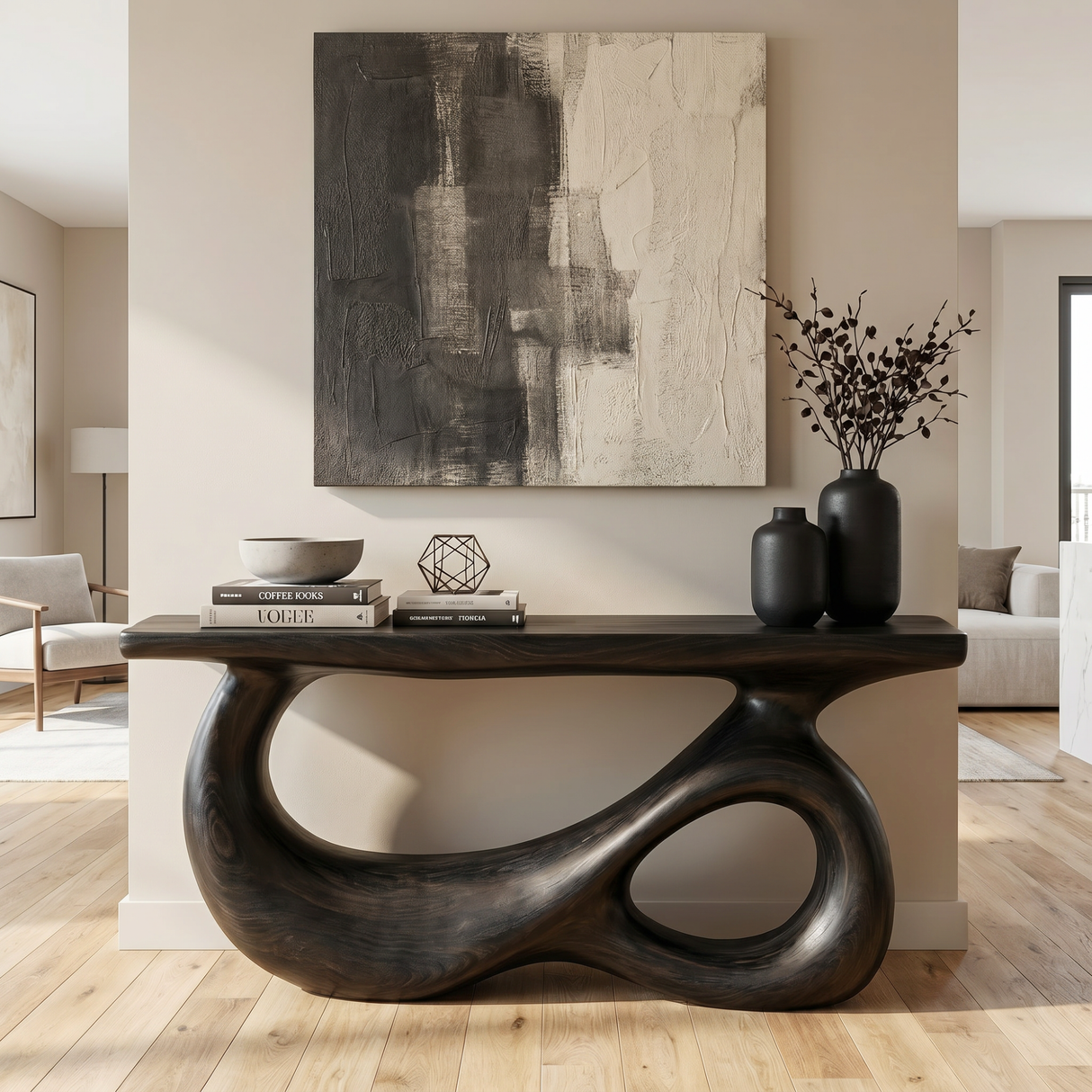 Console Table Solid Wood with Double Hollow Loop Base for Entryway Decor
