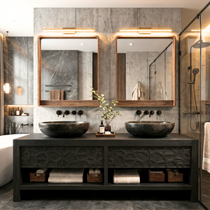 Modern Solid Wood Bathroom Vanity Cabinet With Geometric Carved Design