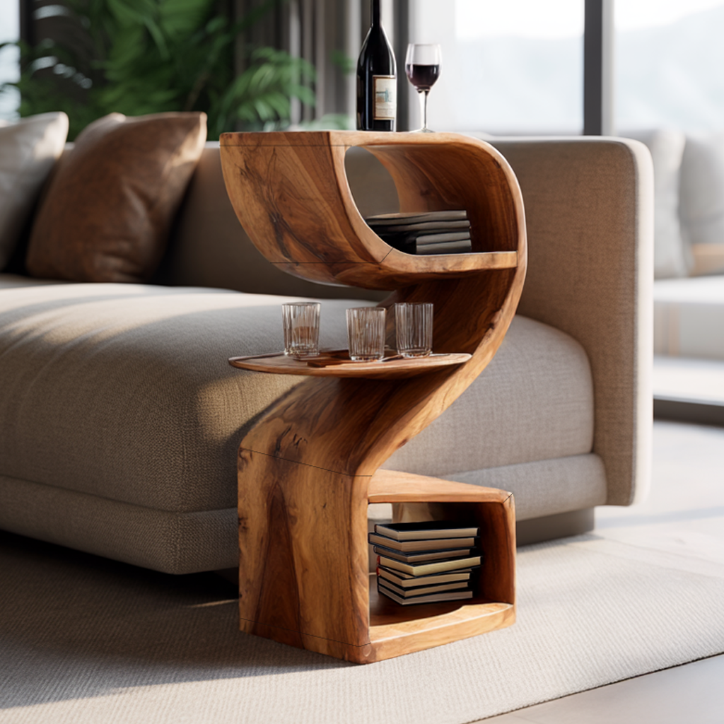 Solid Wood Sculptural Side Table with Curved Storage for Living Room