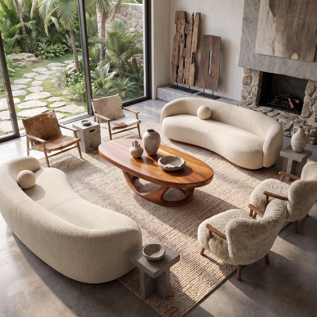 Coffee Table Solid Wood with Sculptural Interwoven Loop Base