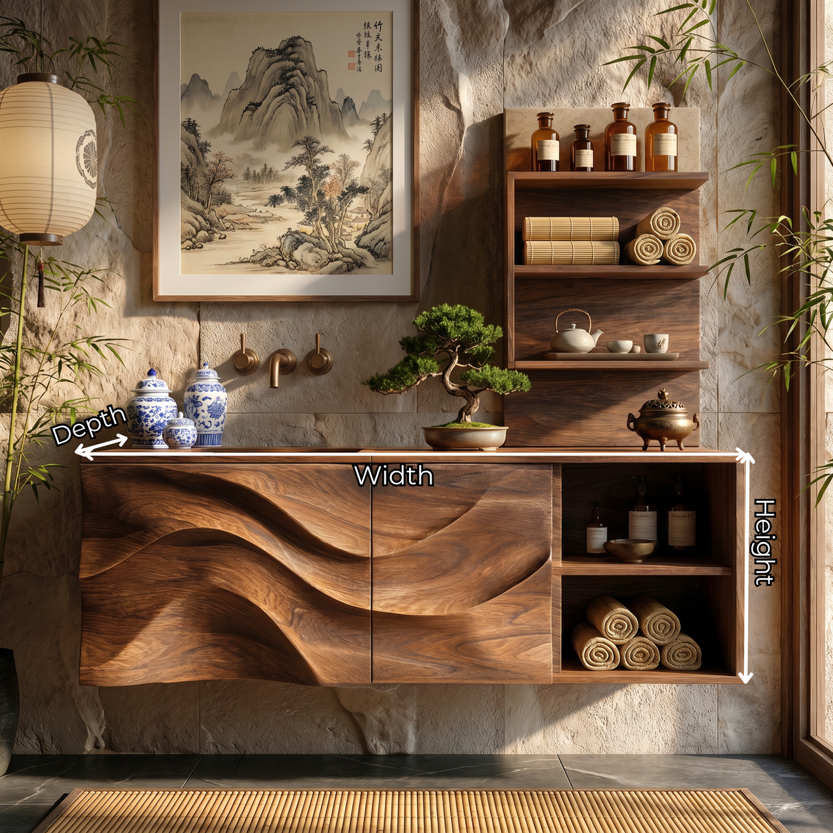 Sculptural Solid Wood Bathroom Vanity Cabinet with Carved Wave Front