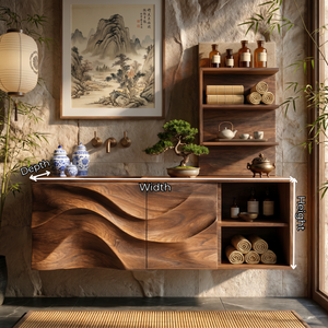 Sculptural Solid Wood Bathroom Vanity Cabinet with Carved Wave Front