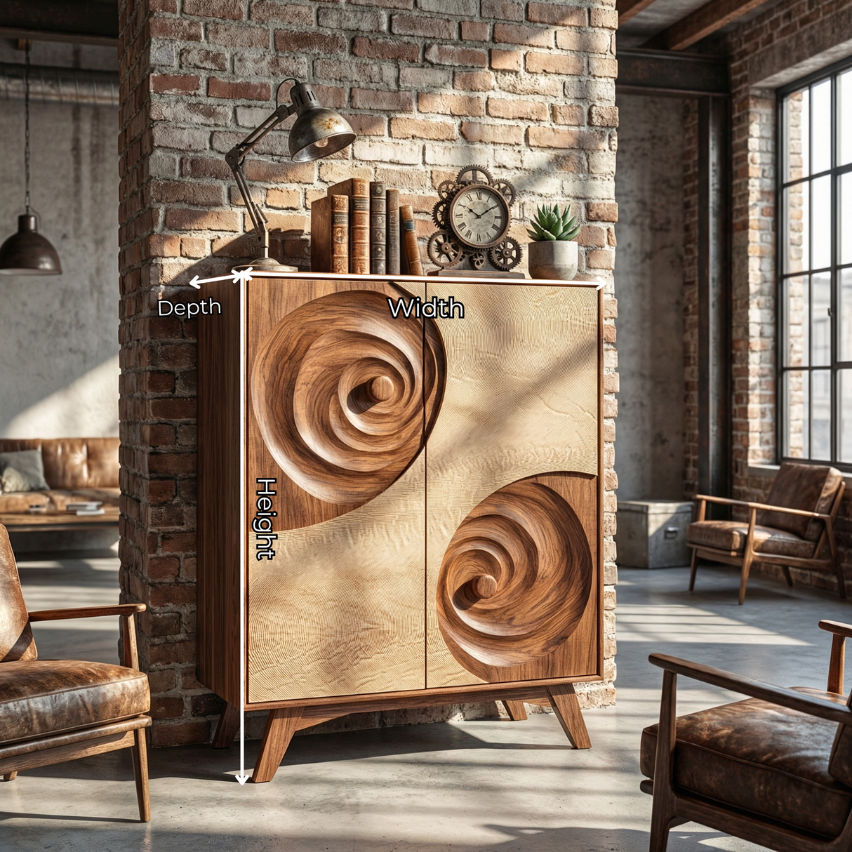 Solid Wood Sculptural Cabinet with Spiral Carved Relief Doors for Modern Interiors
