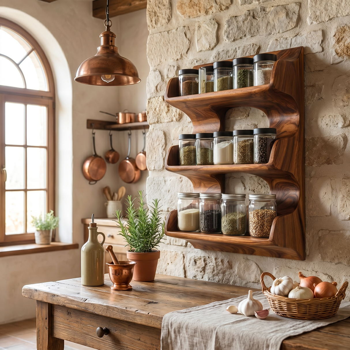 Solid Wood Organic Wall Spice Rack with Flowing Three Shelf Design
