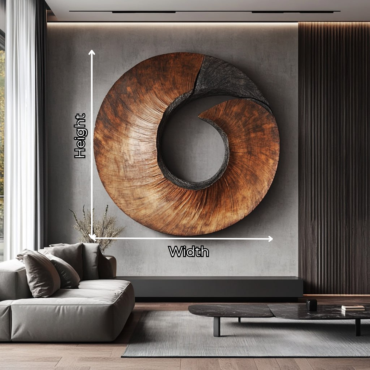 Handcrafted Spiral Wood Wall Sculpture with Open Center and Dark Textured Accent