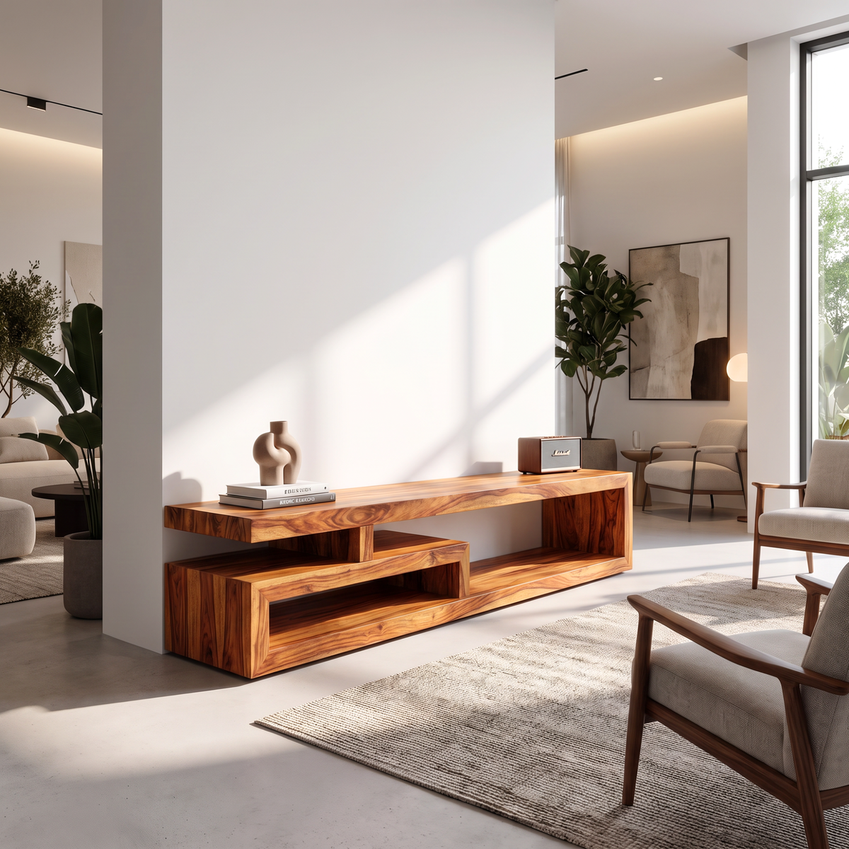 TV Console Solid Wood with Asymmetrical Open Shelf Frame for Living Room