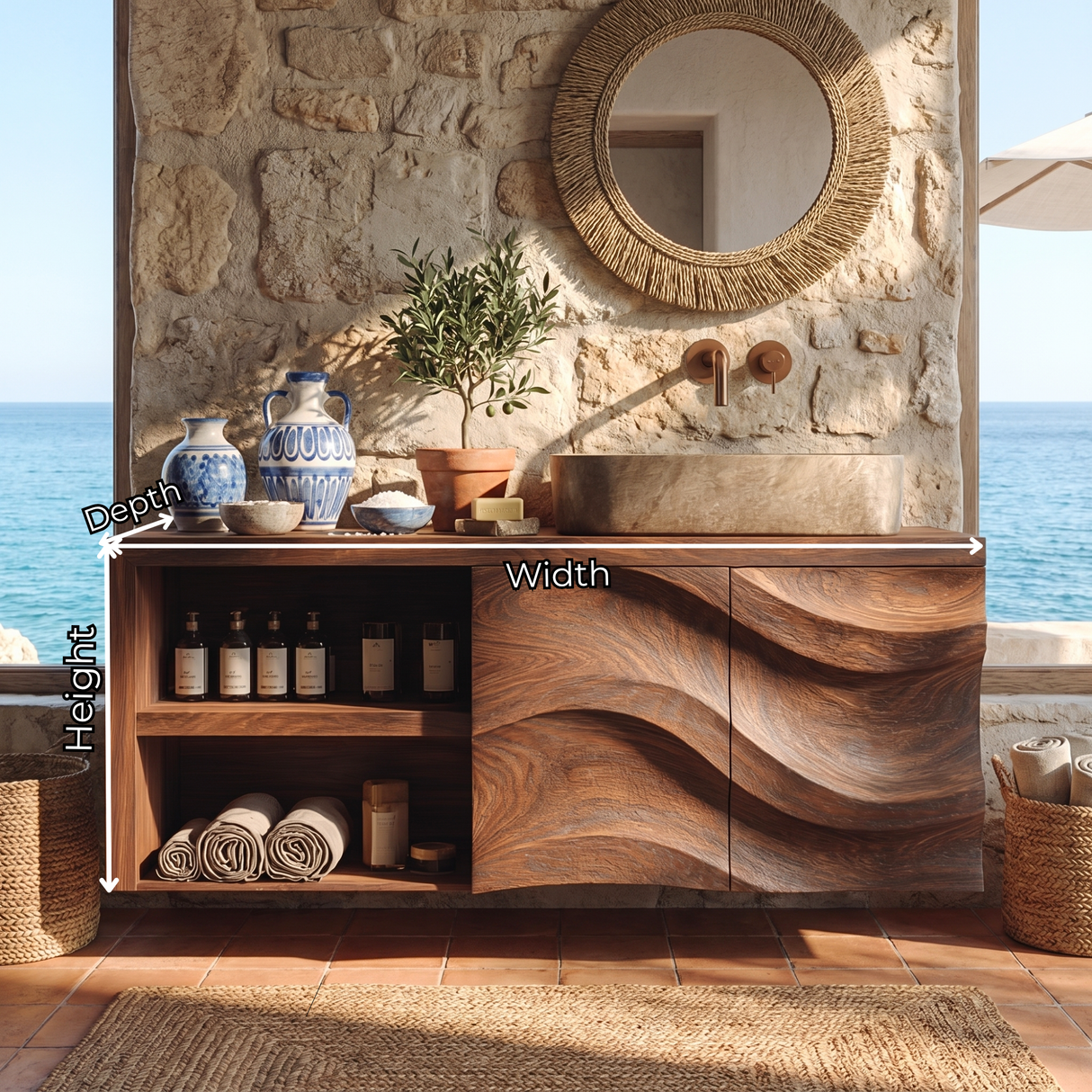 Sculptural Solid Wood Bathroom Vanity Cabinet with Flowing Carved Front