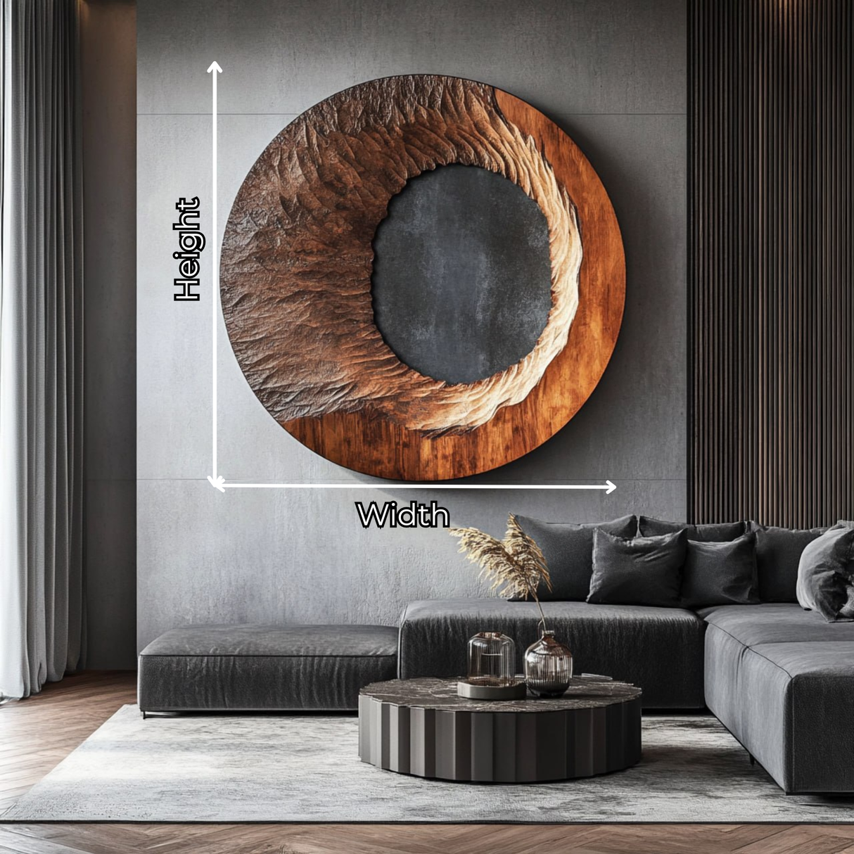 Handcrafted Solid Wood Ring Wall Art with Radial Carved Texture and Dark Inner Opening