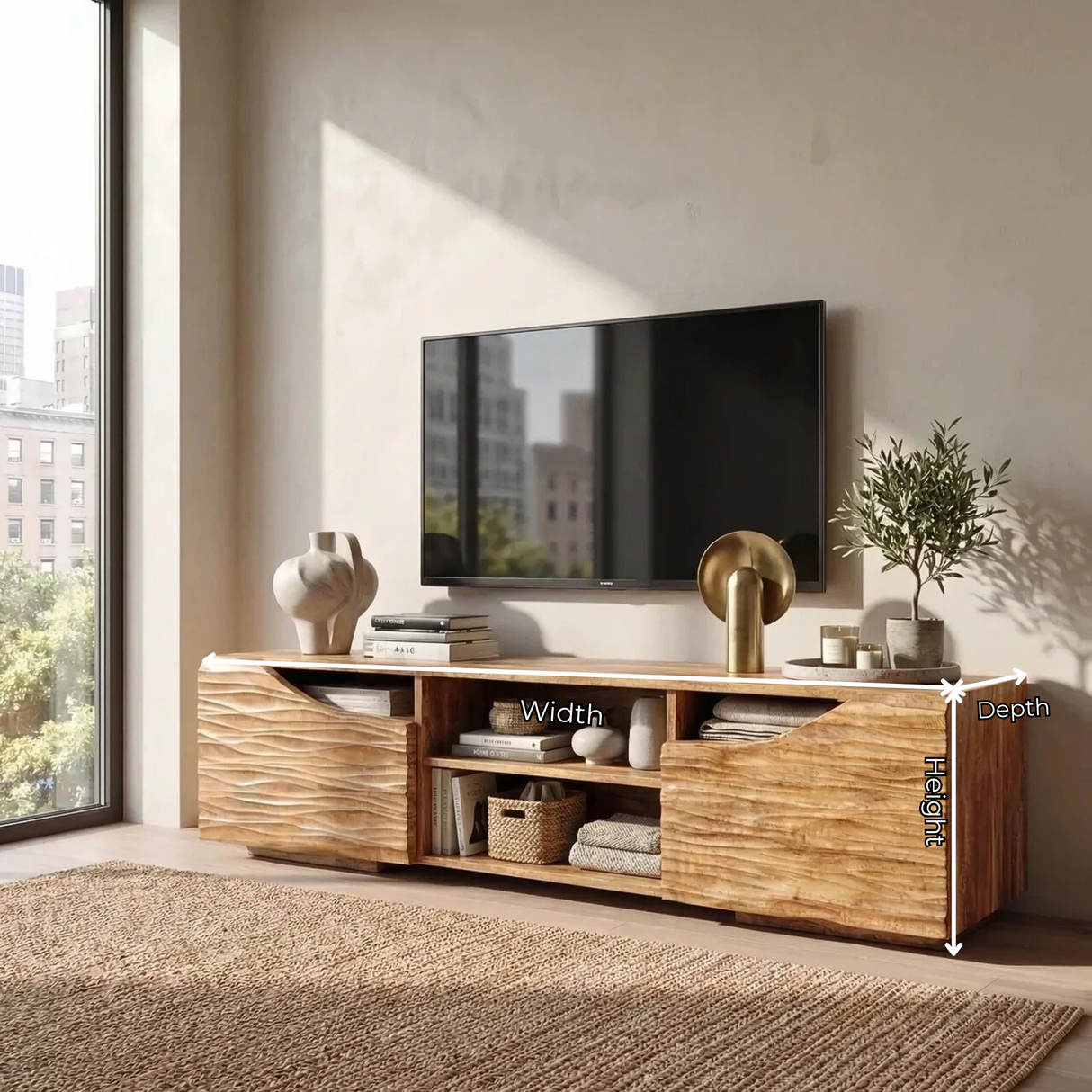 Sculptural Wood TV Cabinet with Carved Wave Doors for Modern Interiors
