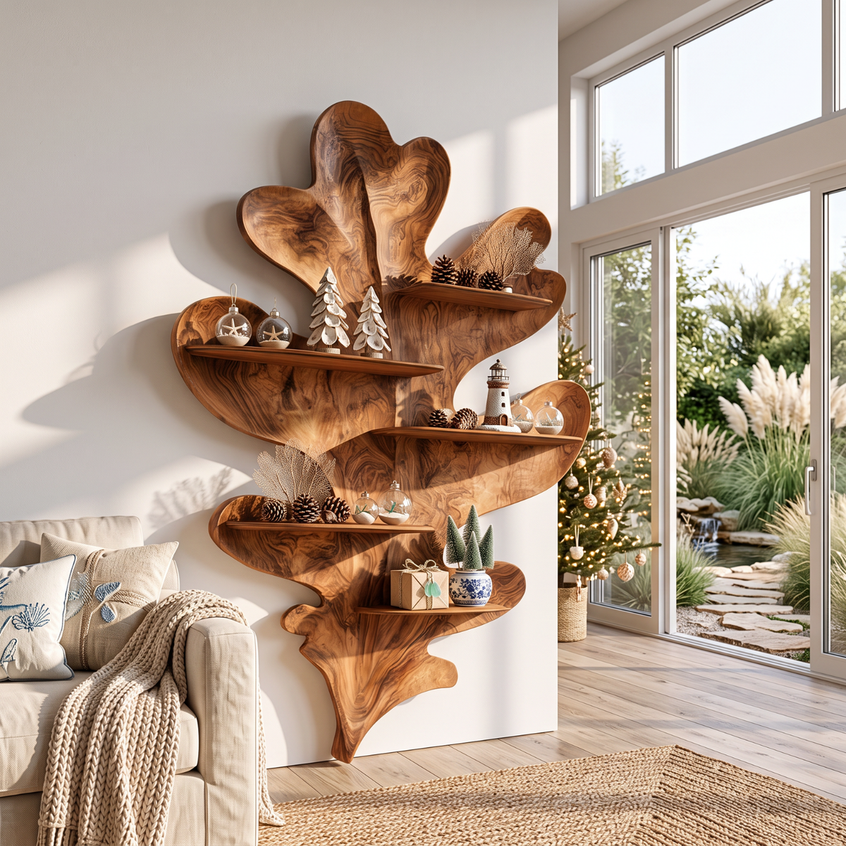 Sculptural Leaf Solid Wood Wall Shelf with Organic Botanical Display Design