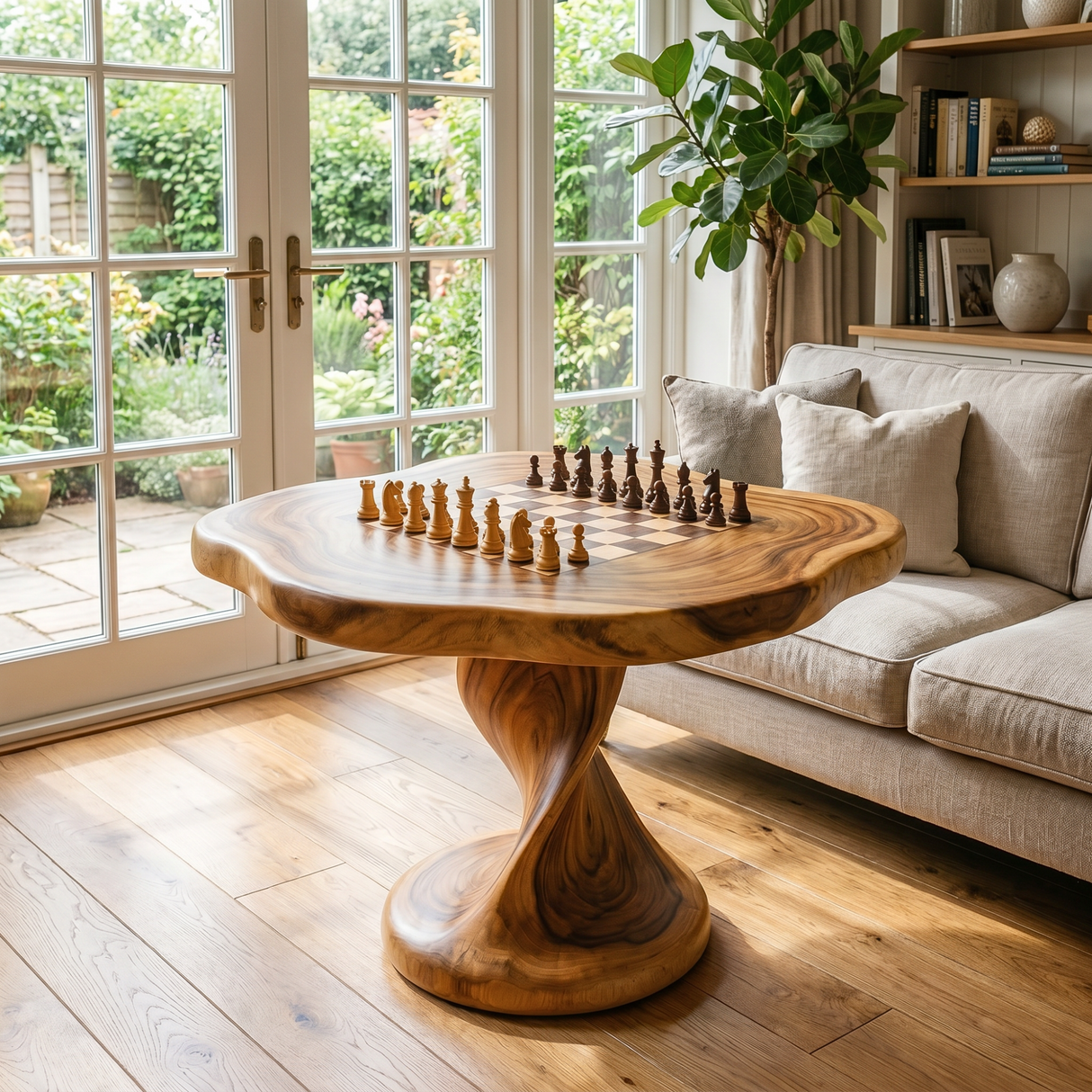Handcrafted Solid Wood Chess Table with Organic Square Top and Pedestal Base