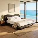 Handcrafted Solid Wood Bed with Curved Organic Headboard and Low Platform Base