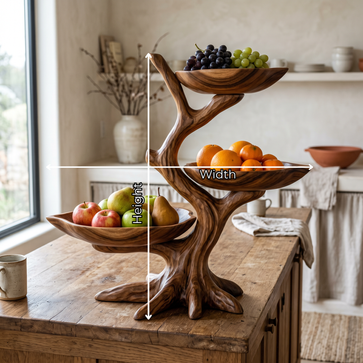 Solid Wood Three Tier Fruit Bowl Stand with Sculptural Branch Design