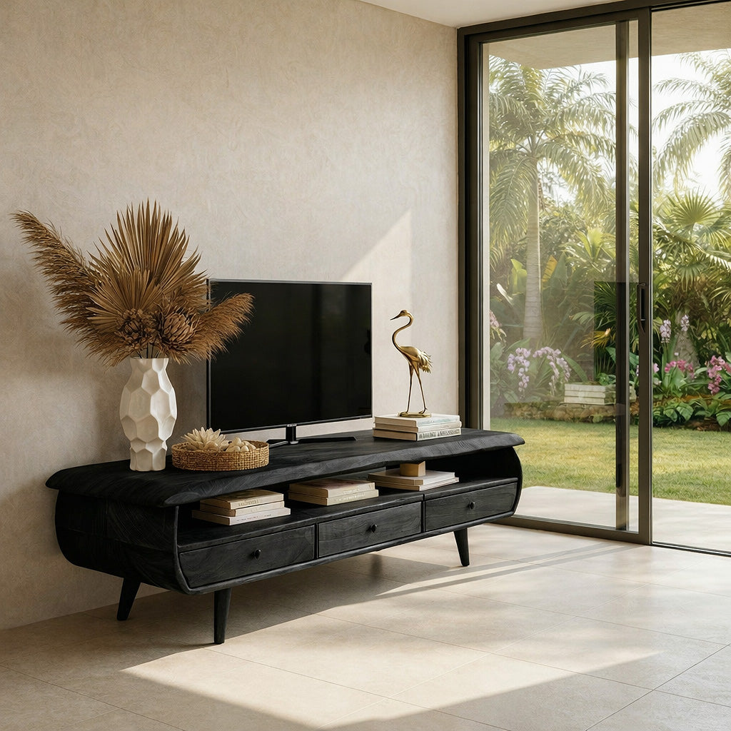 Live Edge Solid Wood TV Console with Sculpted Frame