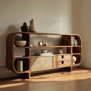 Handcrafted Solid Wood Sideboard with Rounded Open Shelves and Drawers