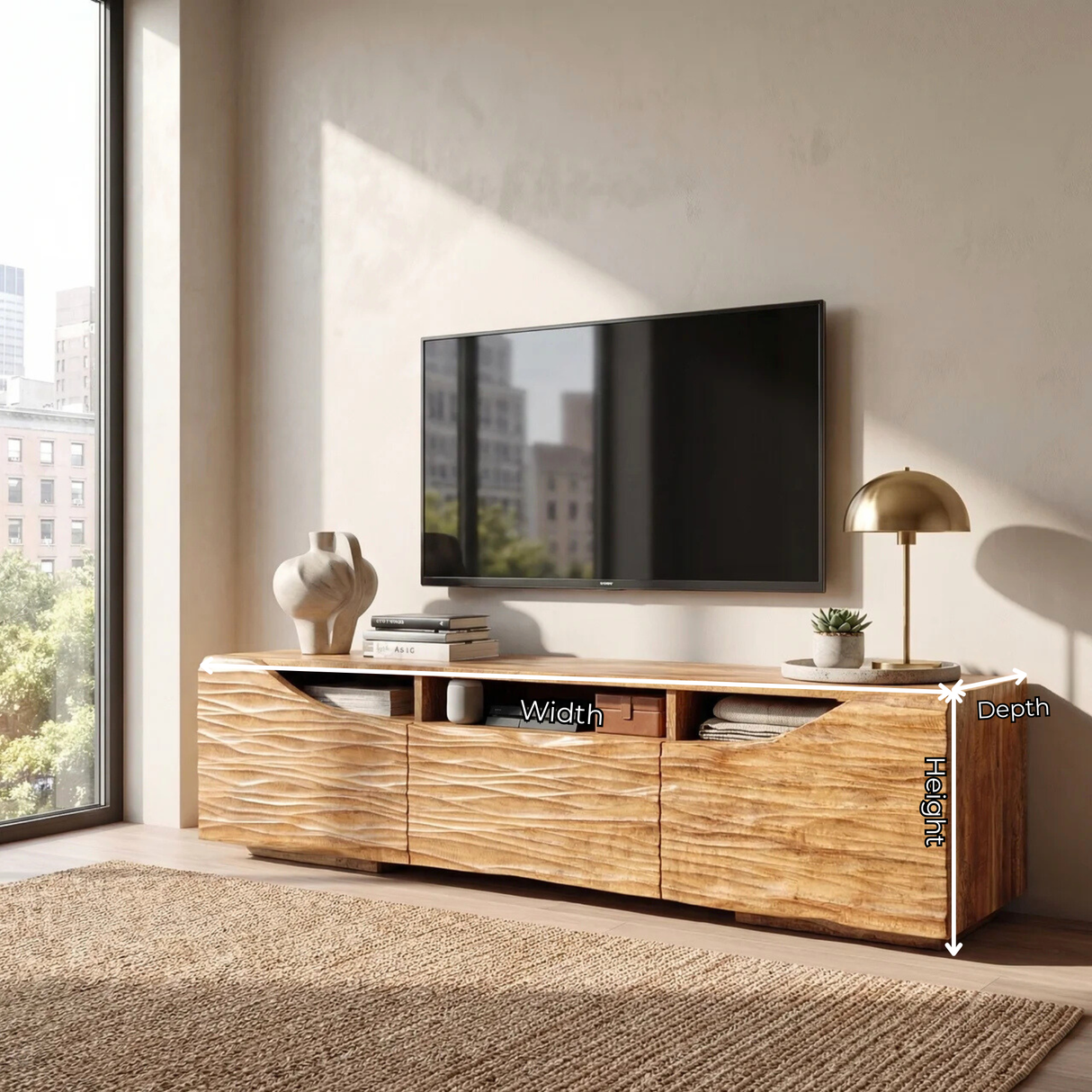 Sculptural Wood TV Cabinet with Carved Wave Front for Modern Interiors