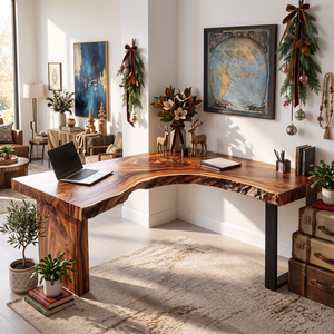 Live Edge Solid Wood L Shaped Desk with Wood Panel and Black Metal Leg
