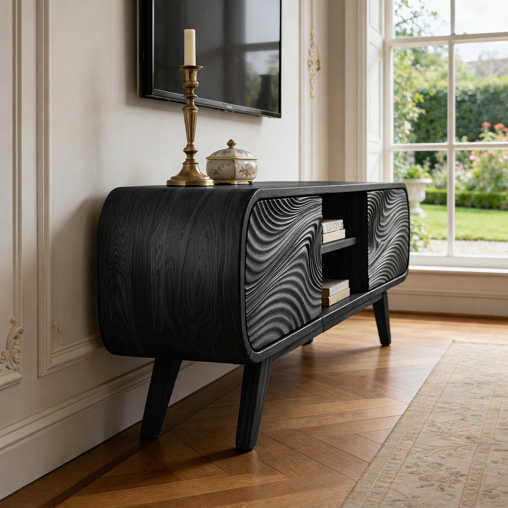 Handcrafted Solid Wood Media Cabinet with Sculpted Grain