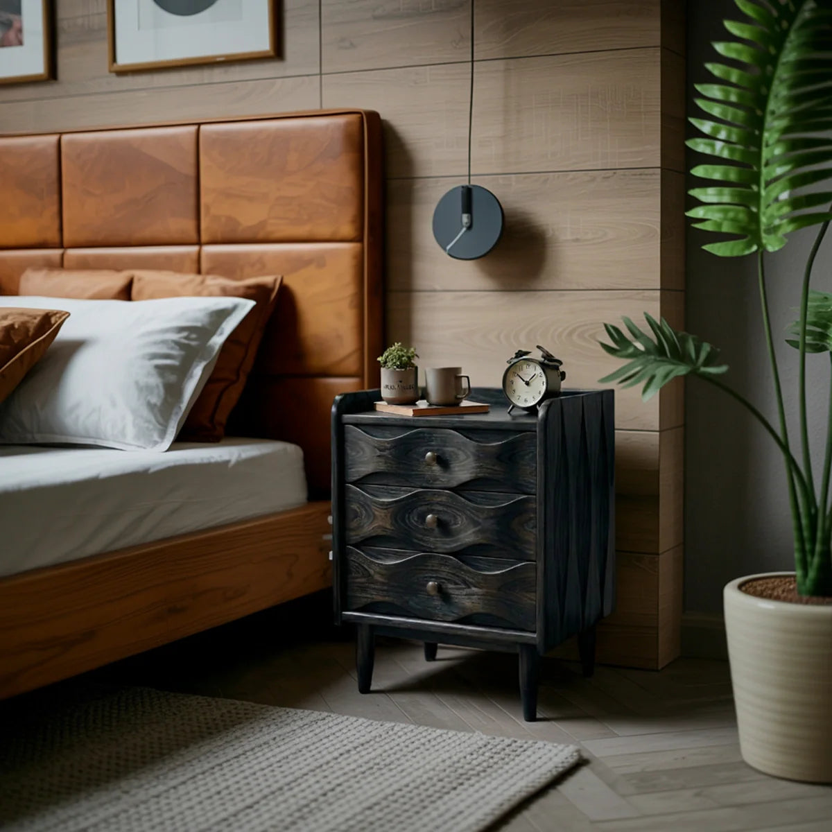 Handcrafted Solid Wood Bedside Table with Sculpted Drawers