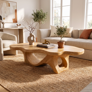 Coffee Table Solid Wood with Sculptural Double Loop Base for Living Room
