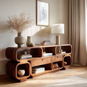 Living Room Sideboard Solid Wood Sideboard Modern Organic Wooden Credenza Curved Open Shelf Buffet Cabinet Sculptural Storage Console Natural Wood