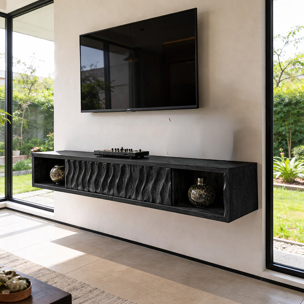 Floating Sculpted Wood TV Console with Wave Front