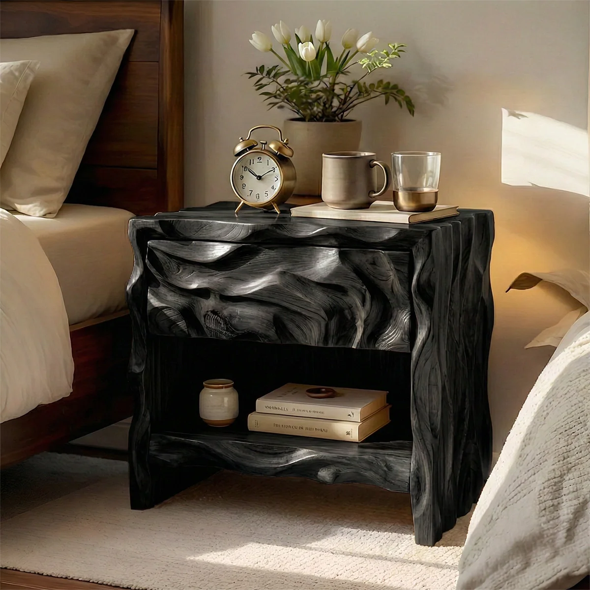 Organic Modern Solid Wood Nightstand with Open Shelf