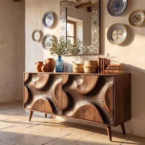 Sculpted Relief Solid Wood Sideboard Cabinet for Living and Dining