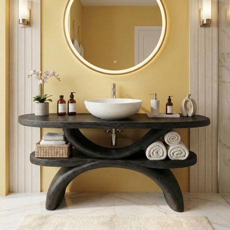 Modern Wood Bathroom Vanity with Arched Double Shelf Design