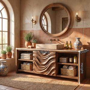 Solid Wood Bathroom Vanity with Wave Carved Center Panel and Open Shelf Storage