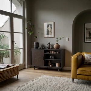 Dark Solid Wood Storage Cabinet with Open Shelving for Modern Interiors