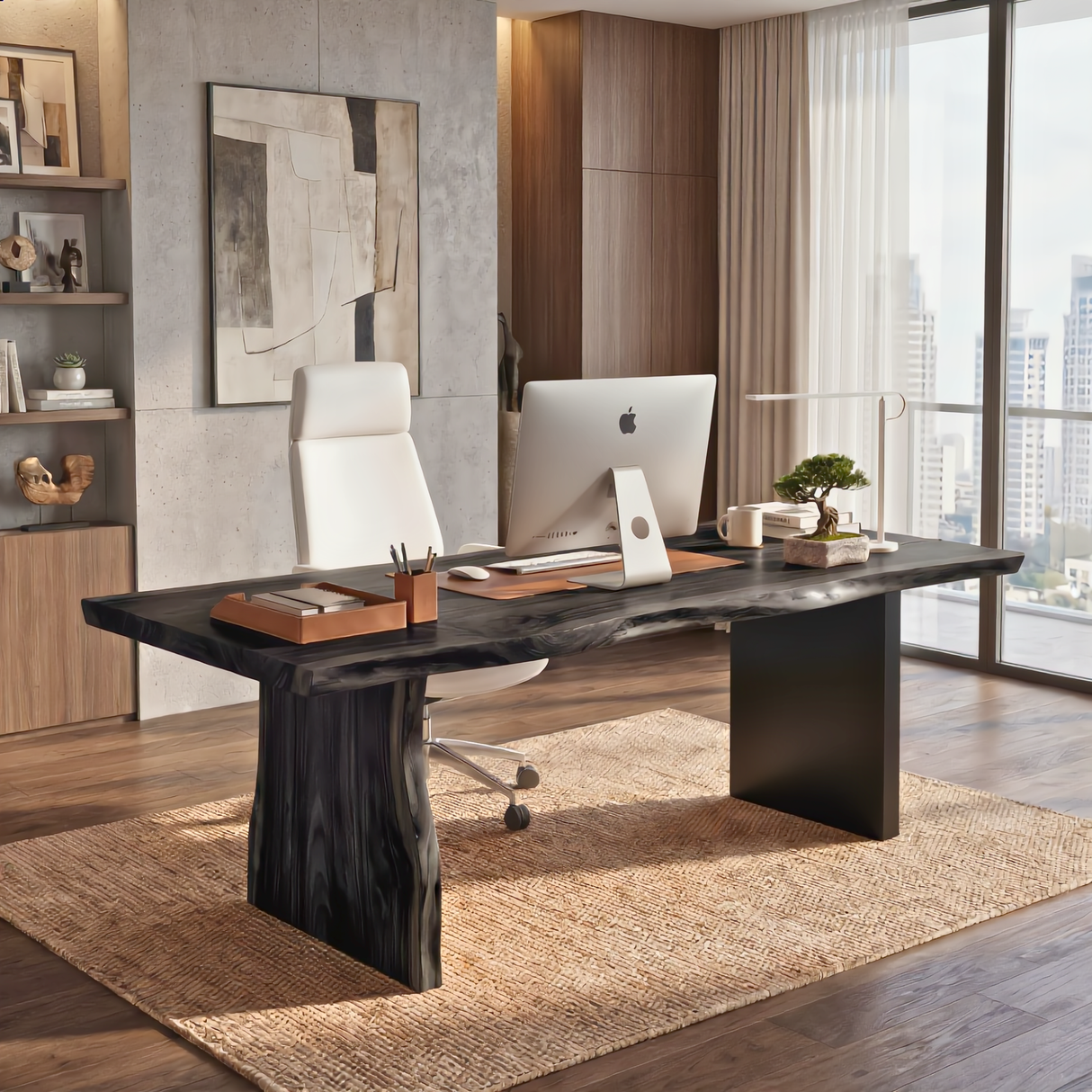 Solid Wood Office Desk with Live Edge Top and Panel Legs