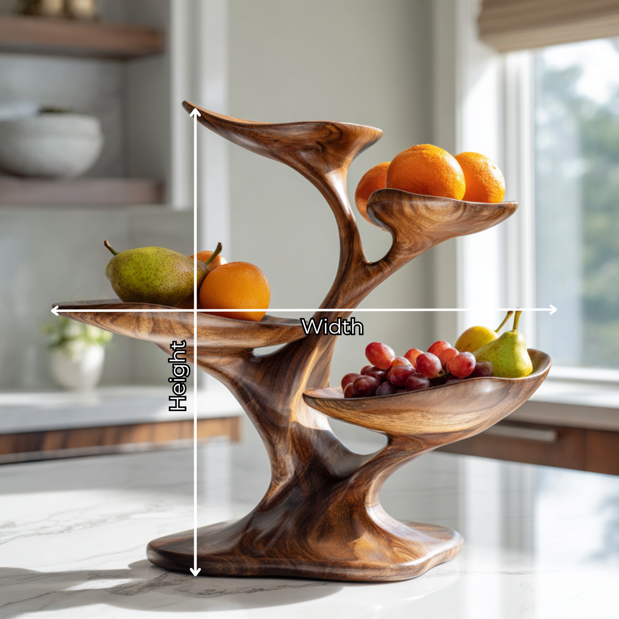 Solid Wood Four-Tier Fruit Bowl Sculpture with Organic Branch Stand