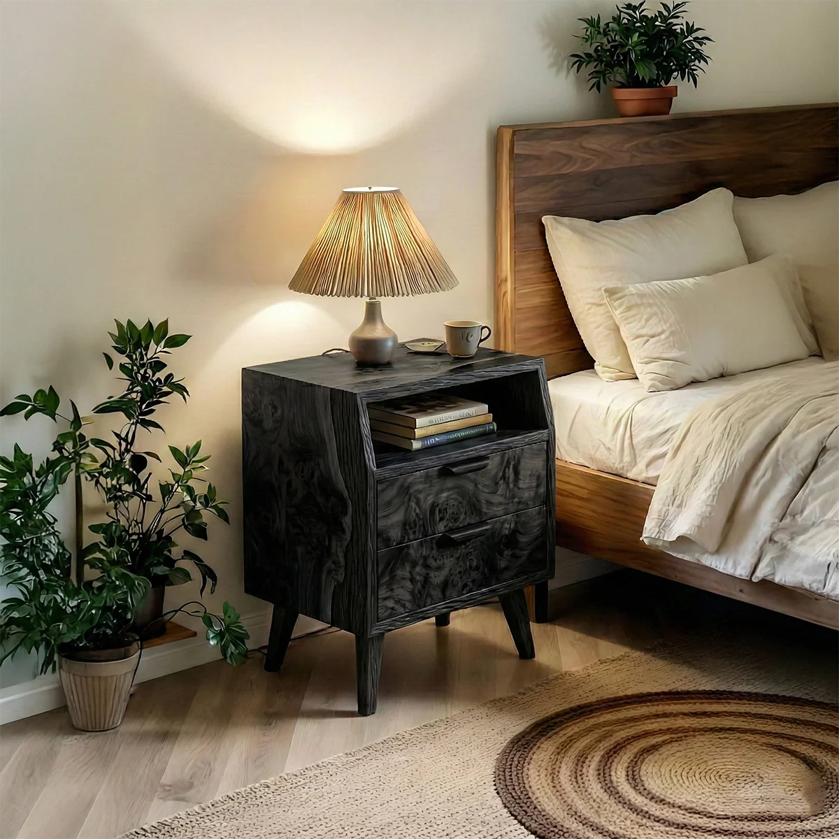 Modern Two-Tone Solid Wood Nightstand with Open Shelf & Double Drawers