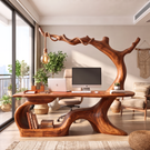 Handmade Solid Wood Tree Desk With Hanging Lamp Organic Modern Sculptural Office Table