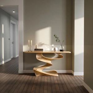 Sculpted Wave Solid Wood Console Table with Organic Pedestal Base